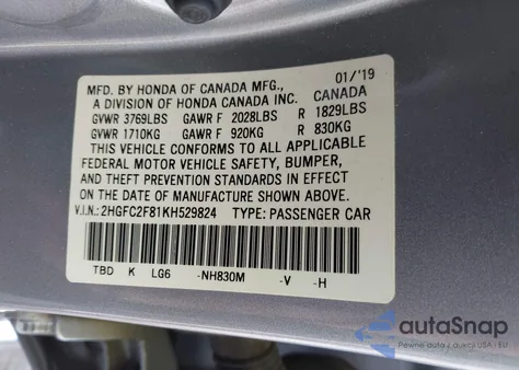 2019 Honda Civic Sport from USA, damaged, VIN 2HGFC2F81KH529824